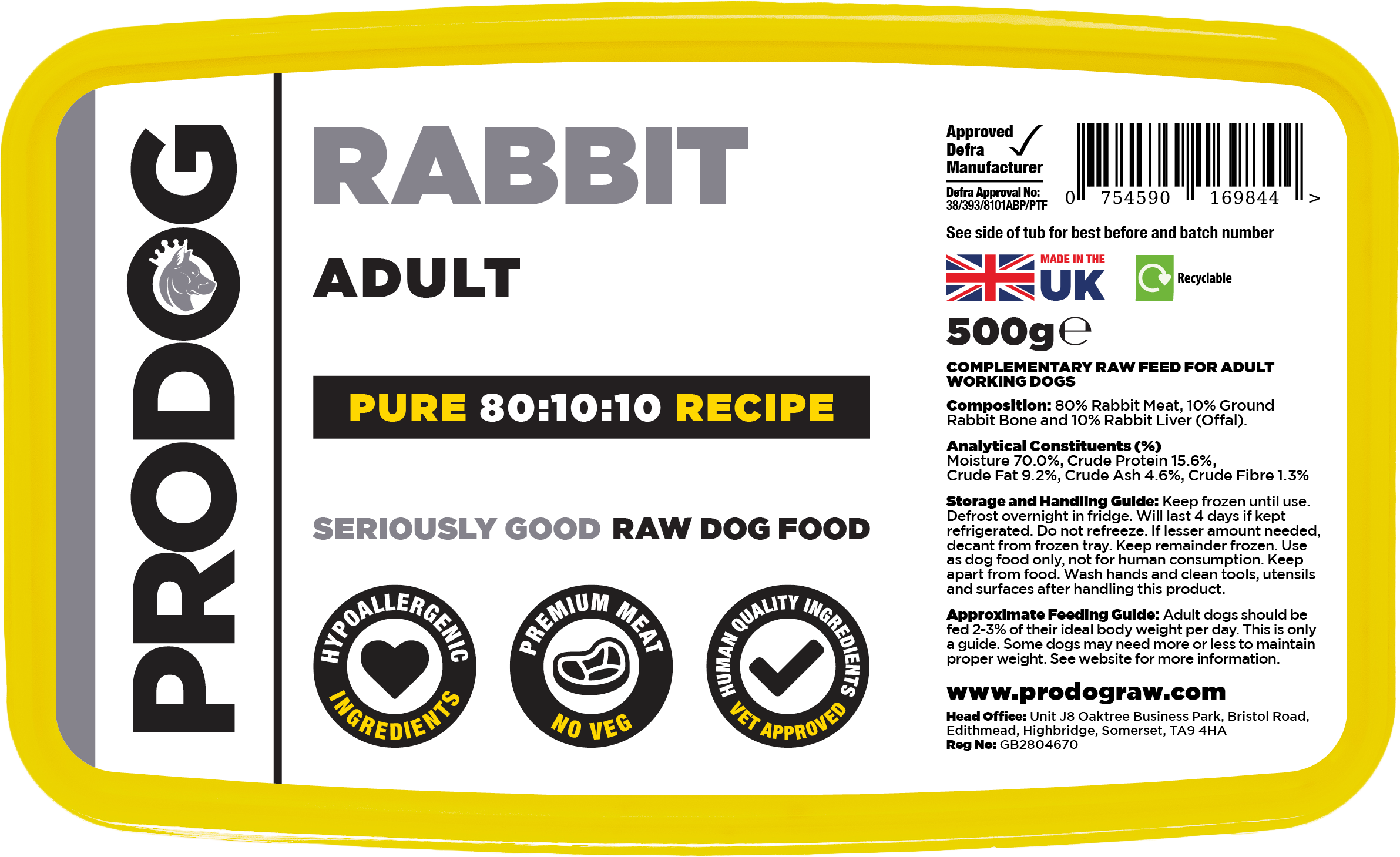 ProDog Raw 80:10:10 Rabbit with Offal 500g